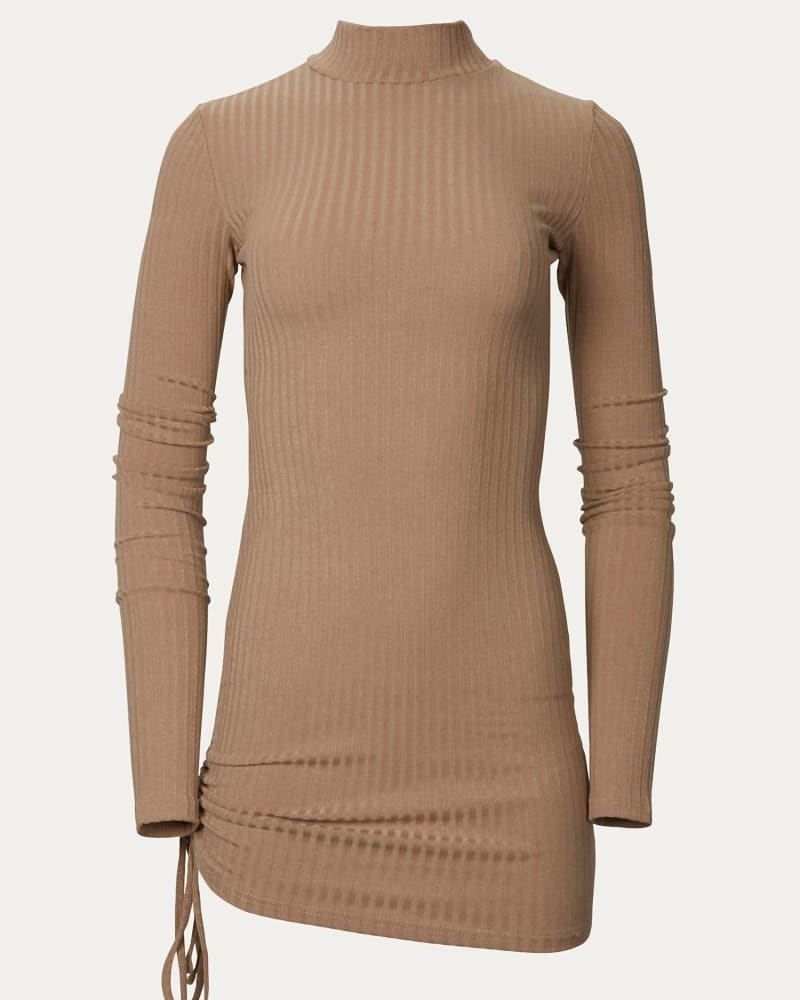 Front of a size L Ribbed-Knit Turtleneck Mini Dress in Camel in Camel by Melody Fashion. | dia_product_style_image_id:338120